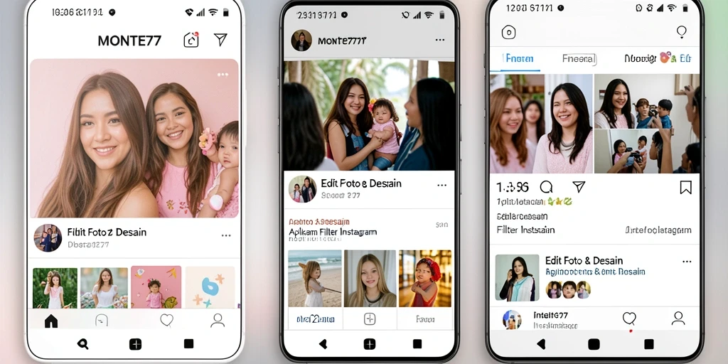 Tampilan antarmuka aplikasi MONTE77 dengan berbagai filter Instagram.